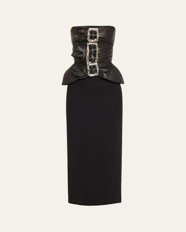 Mixed-Media Leather Buckled Bustier Gown